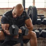 Man lifting rubber-coated hex dumbbells in a gym setting, emphasizing strength training and muscle enhancement related to fitness goals and steroid use.