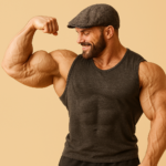 Muscular man flexing bicep in a sleeveless shirt, showcasing strength and fitness, relevant to steroid usage and bodybuilding.