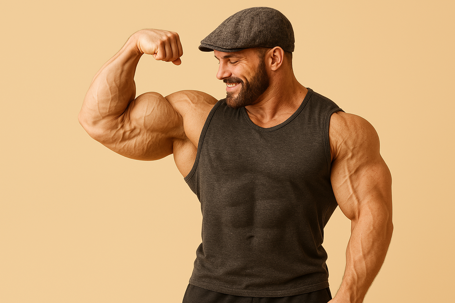 Muscular man flexing bicep in sleeveless shirt, showcasing strength and fitness, relevant to steroid usage and bodybuilding topics.