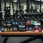 Collection of performance-enhancing supplements on a gym bench, emphasizing fitness and muscle growth, relevant to safe anabolic steroid purchases in Canada.
