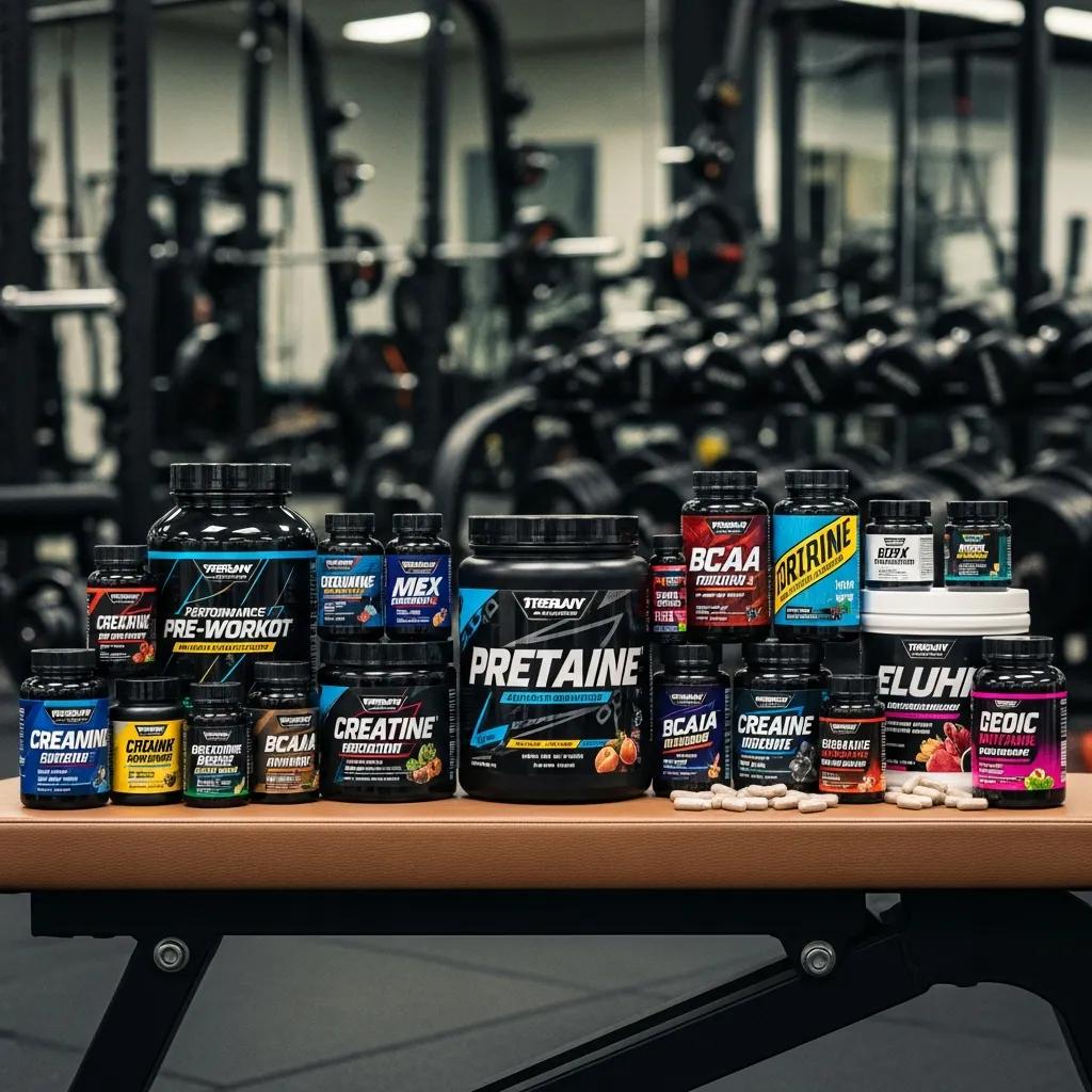 Collection of performance-enhancing supplements on a gym bench, featuring various products like pre-workout, creatine, and BCAA, emphasizing fitness and muscle growth in a gym setting.