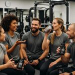 Diverse group of happy gym customers sharing positive experiences with Alpha Stacks supplements, showcasing camaraderie and fitness lifestyle.