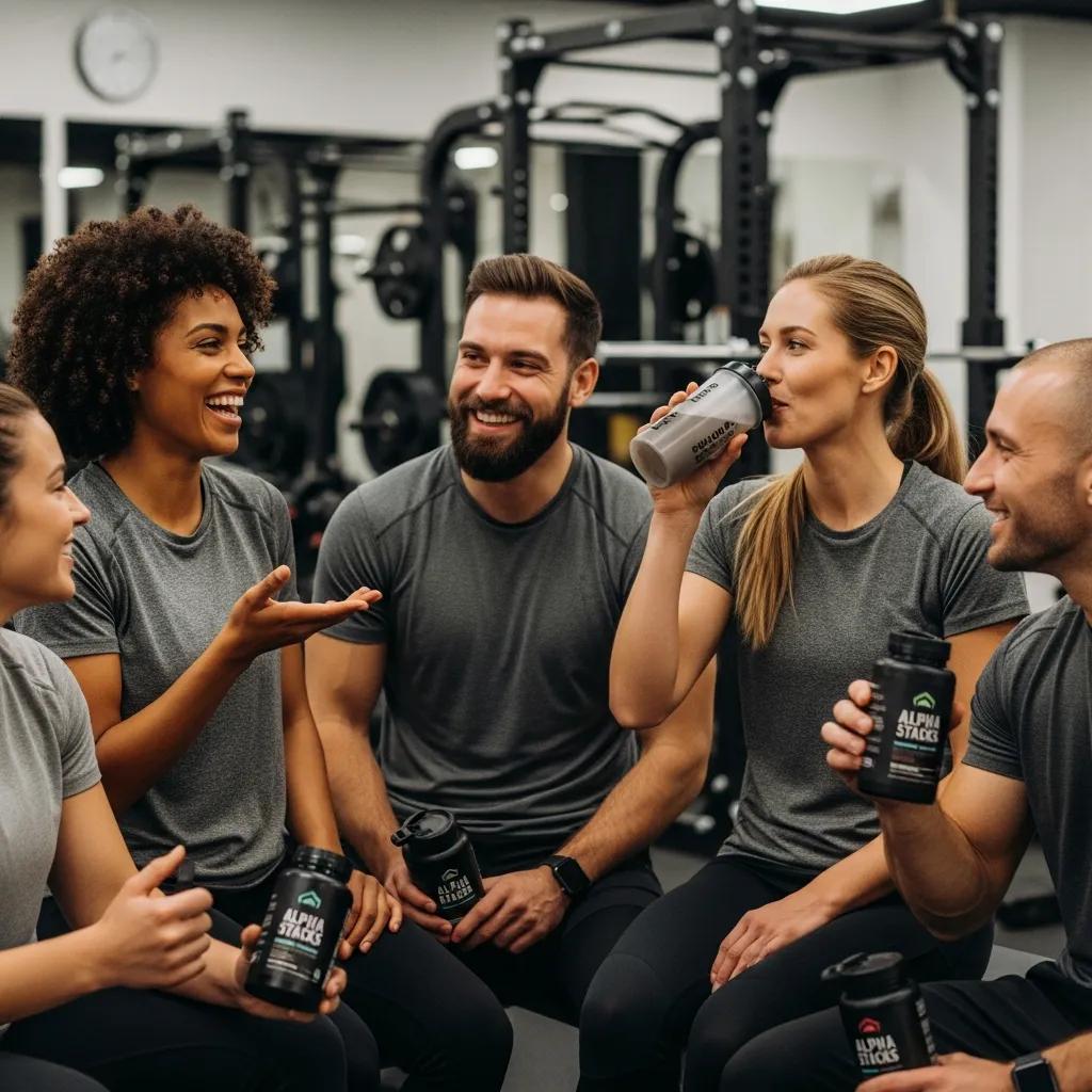 Diverse group of happy gym customers sharing positive experiences with Alpha Stacks supplements, promoting fitness and well-being.