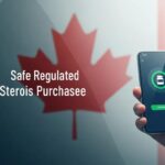 Hand holding smartphone with text "Safe Regulated Steroids Purchase" against Canadian flag background, emphasizing safe online purchase of testosterone enanthate in Canada.