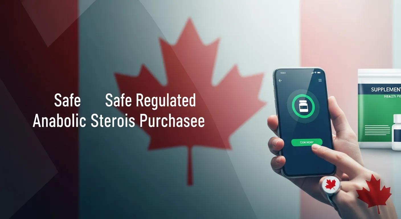 Safe regulated anabolic steroids purchase with smartphone displaying supplement information, Canadian flag background.