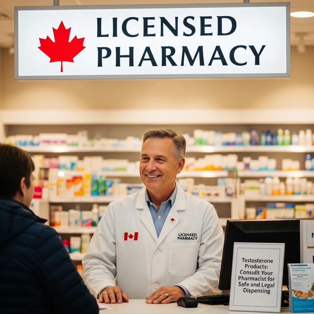 Licensed pharmacist assisting a customer in a Canadian pharmacy, highlighting testosterone products and safety regulations for testosterone replacement therapy (TRT).
