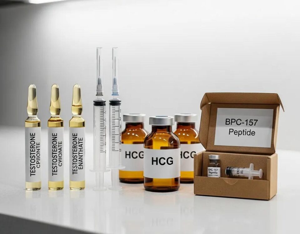 Testosterone vials, peptide syringes, and HCG bottles on a countertop, representing muscle growth supplements and performance-enhancing products.