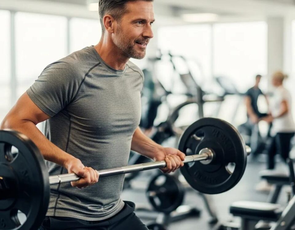 Middle-aged man lifting weights in a gym, showcasing the benefits of testosterone replacement therapy for muscle gain and fitness.