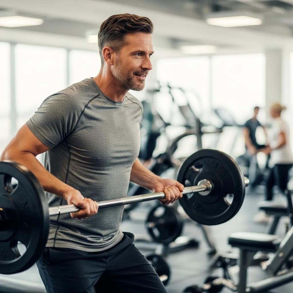 Middle-aged man lifting weights in a gym, illustrating the benefits of testosterone replacement therapy and muscle enhancement.