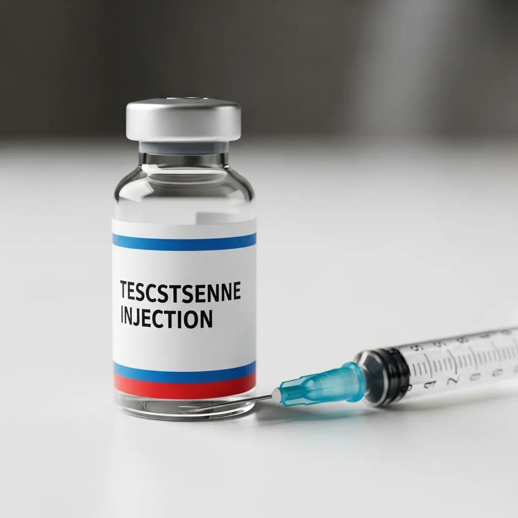 Testosterone injection vial and syringe on a sterile surface, illustrating dosage for beginners in Testosterone Replacement Therapy (TRT).