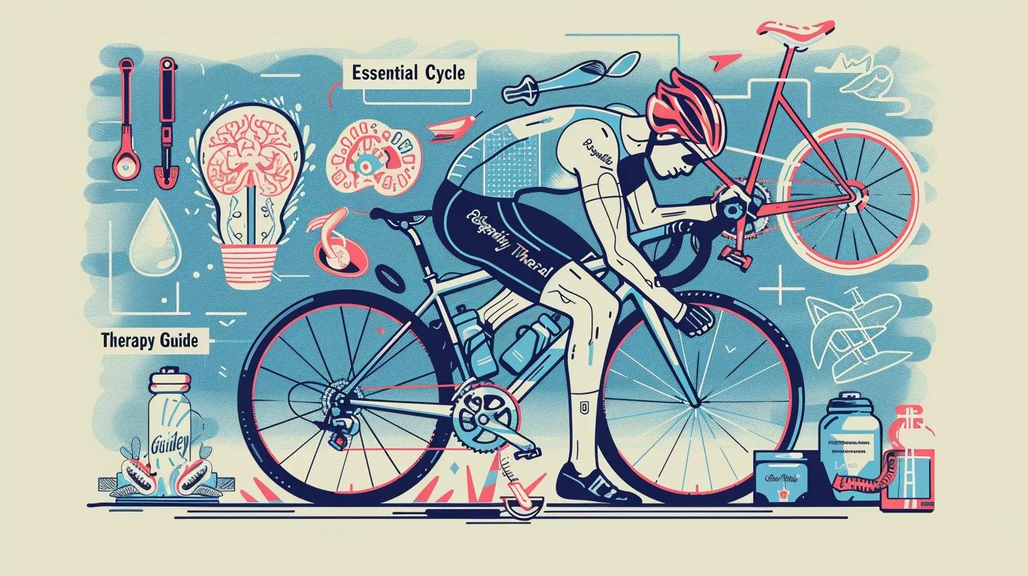 Illustration of a cyclist with a focus on performance enhancement, featuring elements like a therapy guide, essential cycle tools, and fitness-related icons, relevant to testosterone use and post-cycle therapy discussions.