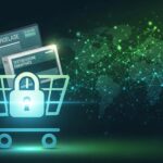 Shopping cart with a padlock symbol, representing secure online purchase of testosterone enanthate and anabolic steroids, featuring digital elements and a global network backdrop.