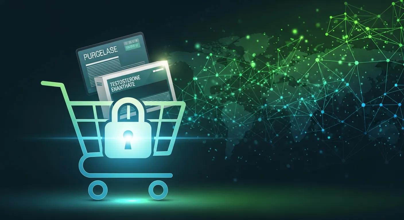 Shopping cart with a secure lock and documents labeled "Purchase" and "Testosterone Enanthate," set against a digital network background symbolizing online purchasing safety for testosterone products.