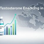 Testosterone Enanthate vial and upward trend graph overlaid on a map of Canada, illustrating the cost and availability of testosterone enhancers in Canada.