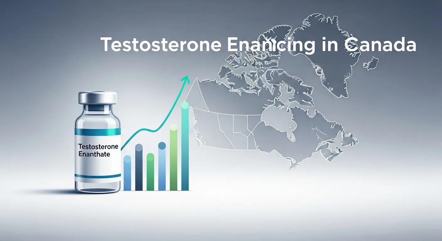 Testosterone Enanthate vial alongside a graph showing rising trends, with a map of Canada in the background, emphasizing testosterone enanthate pricing and availability in Canada.