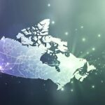 Abstract representation of Canada with glowing outlines and digital effects, relevant to purchasing testosterone enanthate online in Canada.