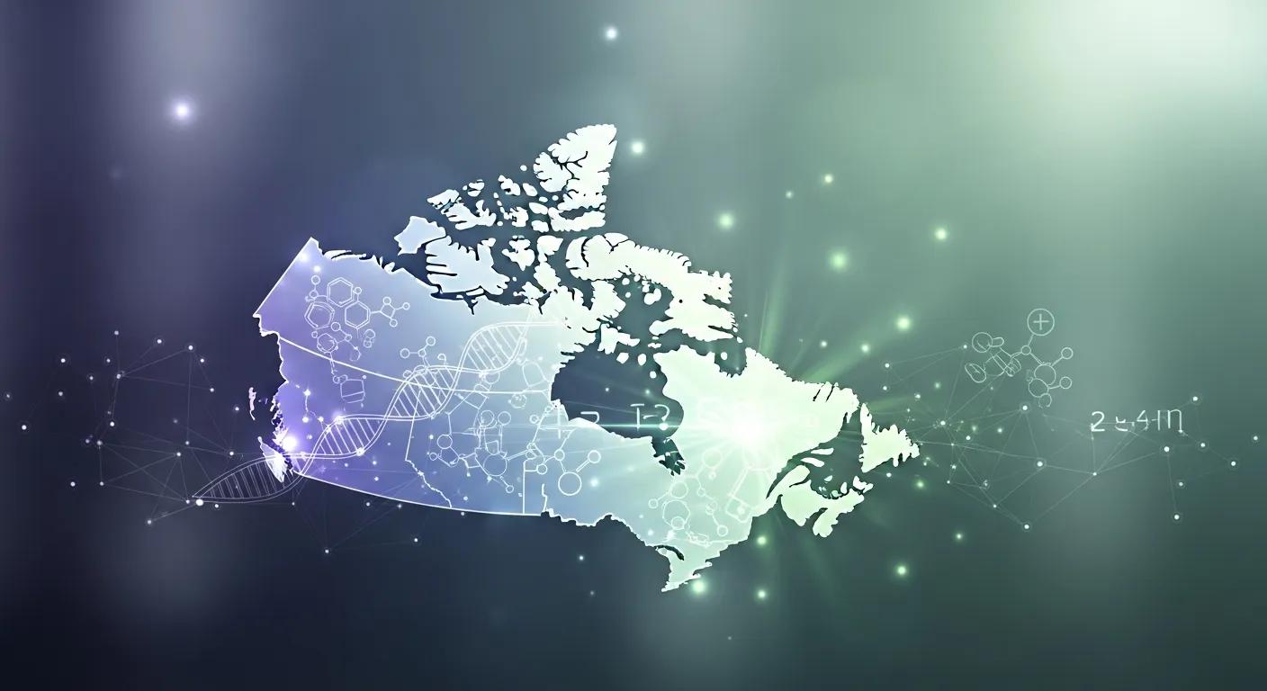 Abstract illustration of Canada with molecular structures and network lines, symbolizing anabolic steroids and performance enhancement, relevant to AlphaStacks' guide on safe steroid purchases in Canada.