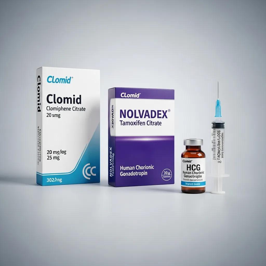 Clomid and Nolvadex medication boxes alongside a vial of HCG and a syringe, representing essential drugs for post-cycle therapy (PCT) in anabolic steroid recovery.