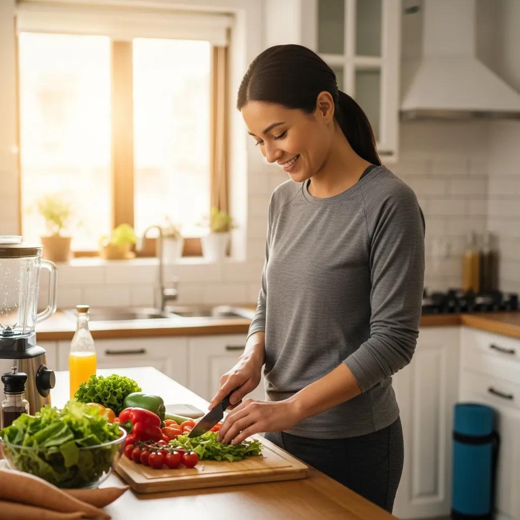 Woman preparing fresh vegetables in a bright kitchen, emphasizing healthy lifestyle habits to support post-cycle therapy recovery.