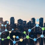 Molecular structure overlaying Vancouver skyline, representing fitness supplements and testosterone enanthate context.
