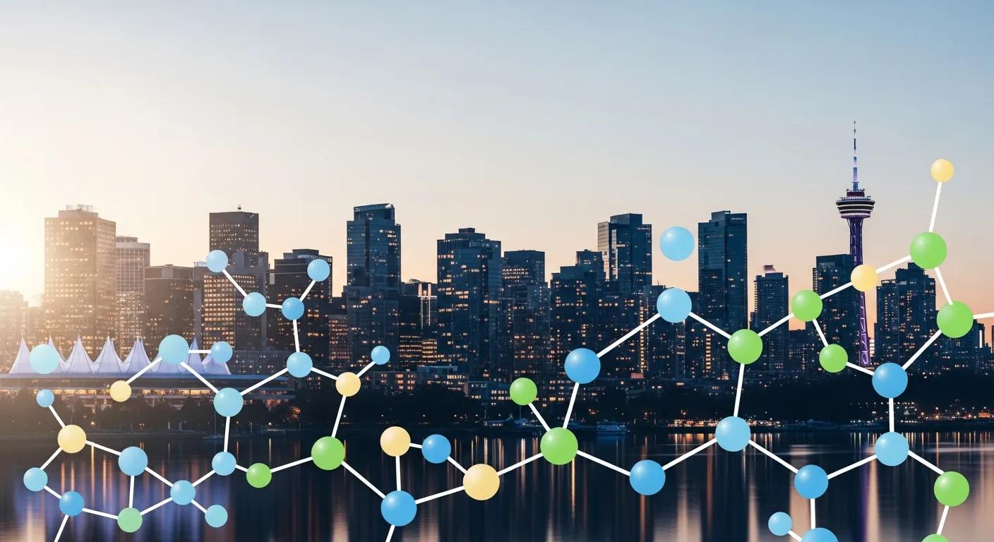 Vancouver city skyline with molecular structure overlay, representing performance enhancers and fitness supplements.