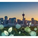Calgary skyline at sunset with green leaves and geometric shapes, representing the fitness community and performance enhancers available in Calgary.
