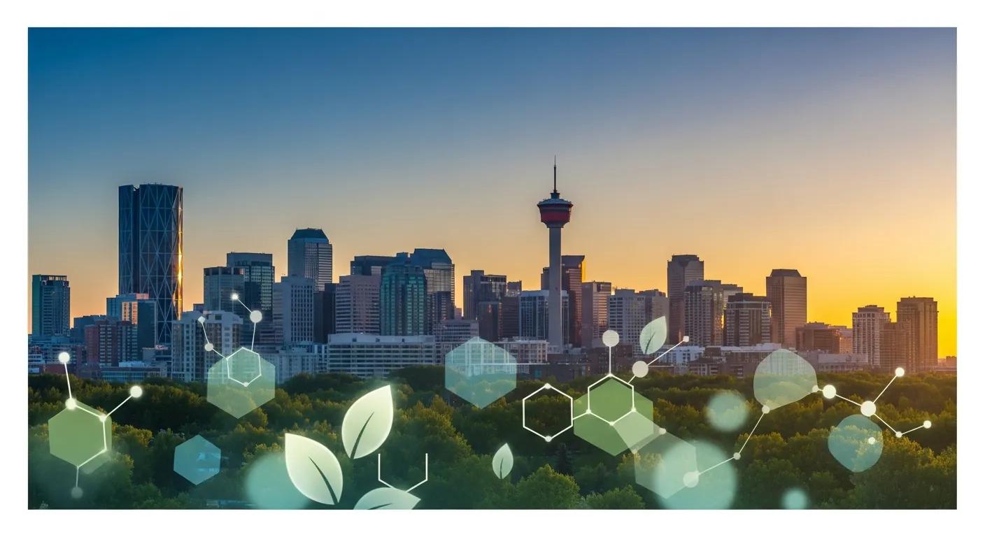 Calgary skyline at sunset with molecular graphics and green leaves, representing safe performance enhancers and health-focused products.