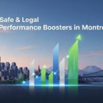 Safe and legal performance boosters in Montreal with upward trend graph and city skyline backdrop.