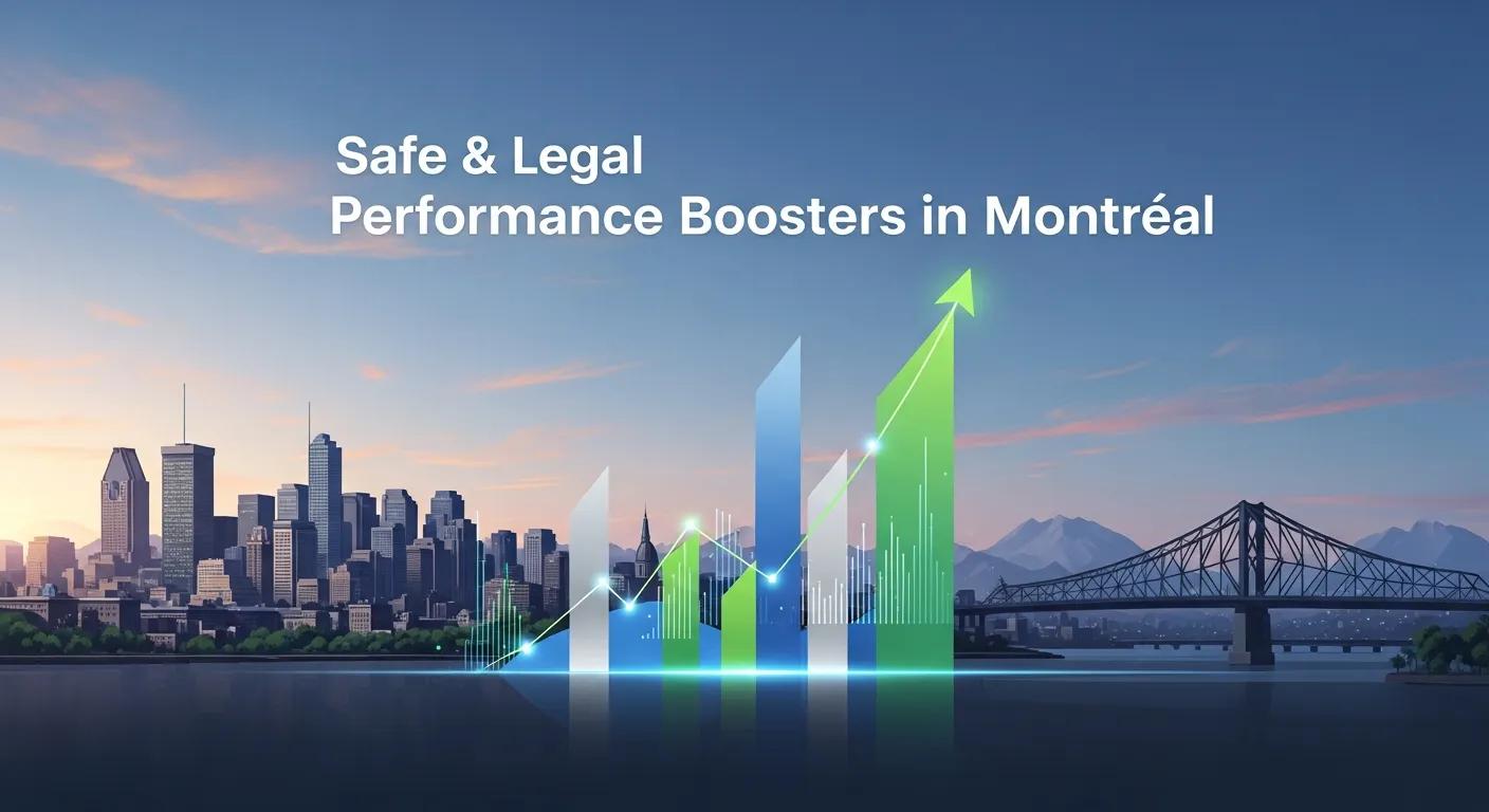 Safe and legal performance boosters in Montréal, skyline with upward trend graph, representing growth in fitness and health supplements.