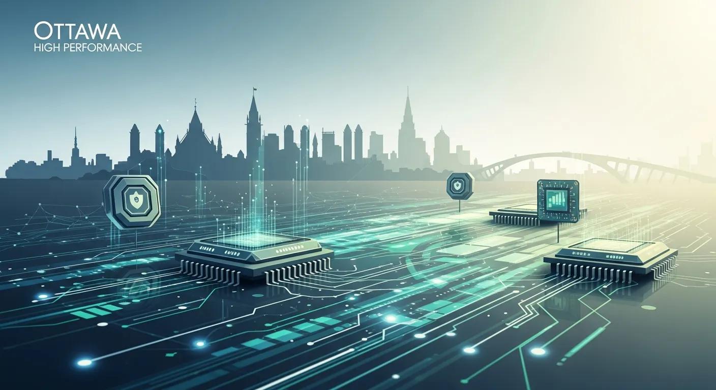 Ottawa skyline with digital circuit elements symbolizing high performance and technology, relevant to performance enhancers and fitness in Ottawa.