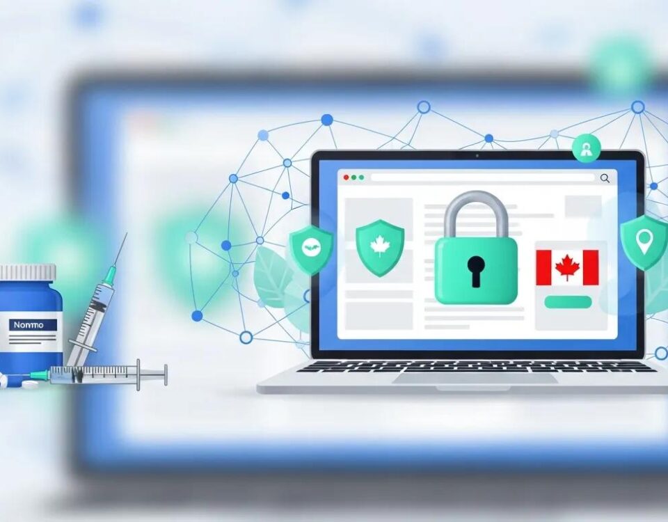 Laptop displaying a secure payment interface with a lock symbol, surrounded by icons representing privacy and Canadian flags, alongside a vial and syringe, emphasizing secure online shopping for fitness supplements in Canada.