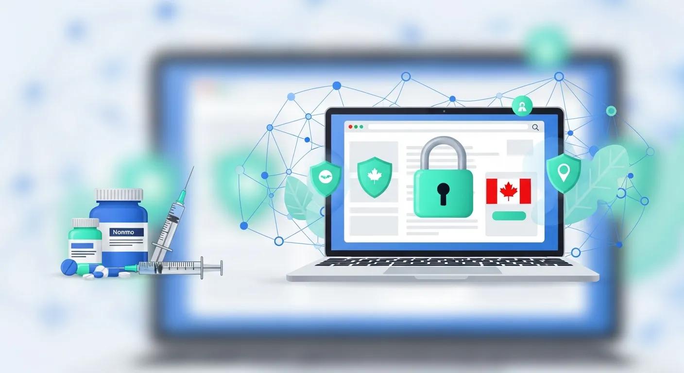 Laptop displaying secure online shopping interface for steroids, with Canadian flag, lock symbol, and surrounding fitness supplement bottles and syringes, emphasizing safety and privacy in purchasing.