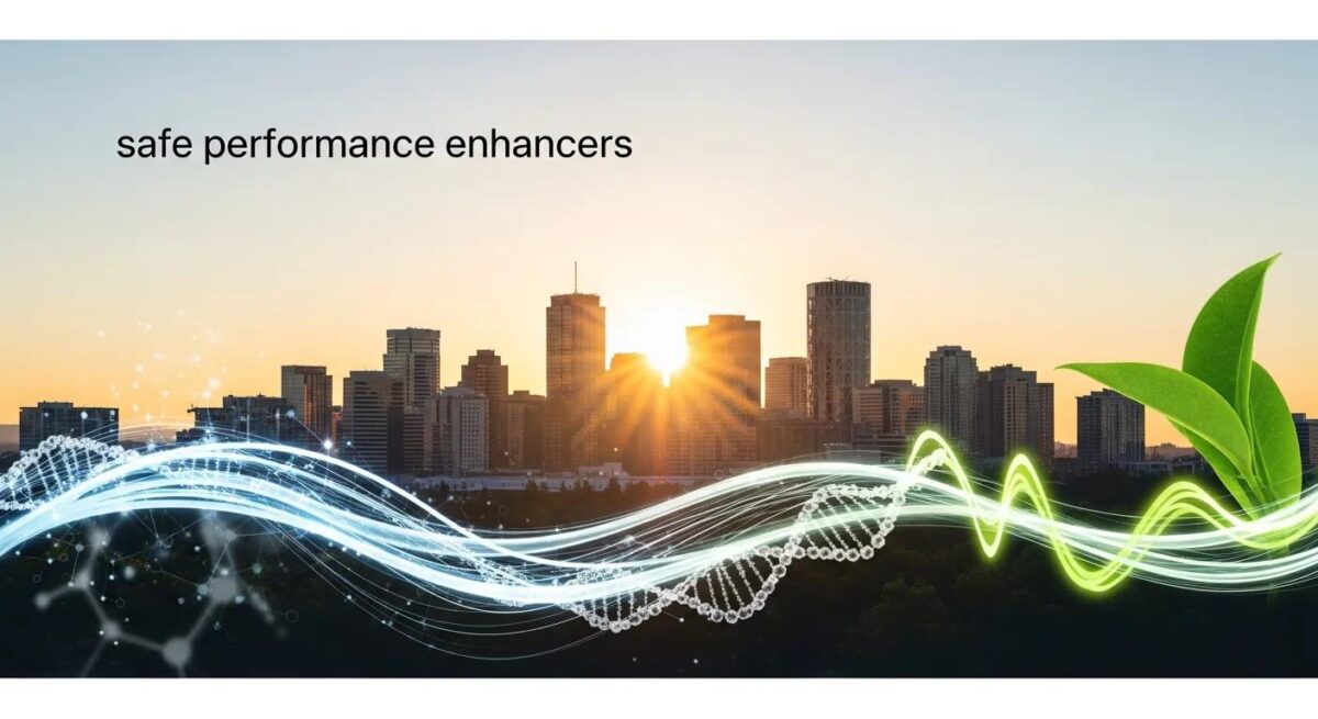 Safe performance enhancers over a city skyline at sunset, featuring abstract waves and a green leaf, symbolizing health and fitness in Edmonton.