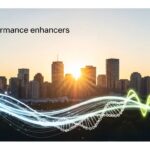 City skyline at sunset with wave graphic and text "Performance enhancers," symbolizing AlphaStacks' focus on legal supplements for athletes in Winnipeg, Canada.