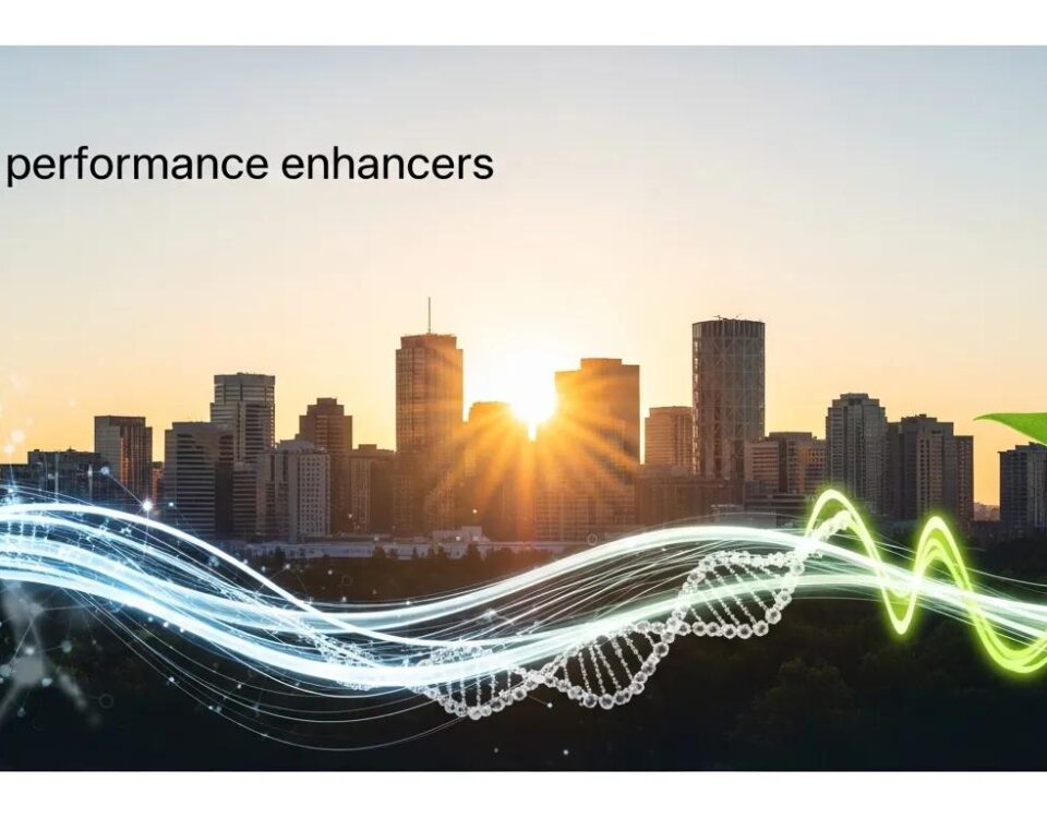 City skyline at sunset with a graphic overlay of DNA strands and the text "performance enhancers," symbolizing safe anabolic steroid use in Canada.