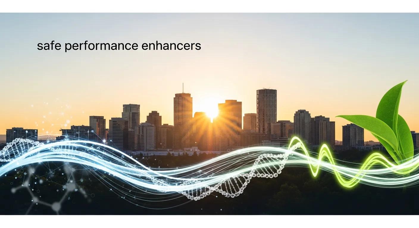safe performance enhancers with urban skyline and sunset, featuring dynamic wave and green leaf elements