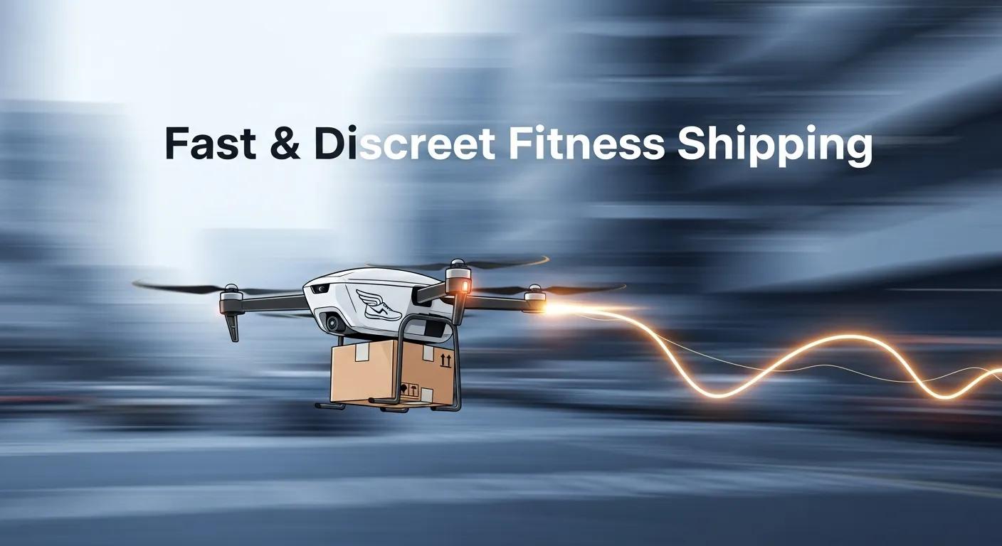 Drone delivering fitness supplements with a package, emphasizing fast and discreet shipping services.