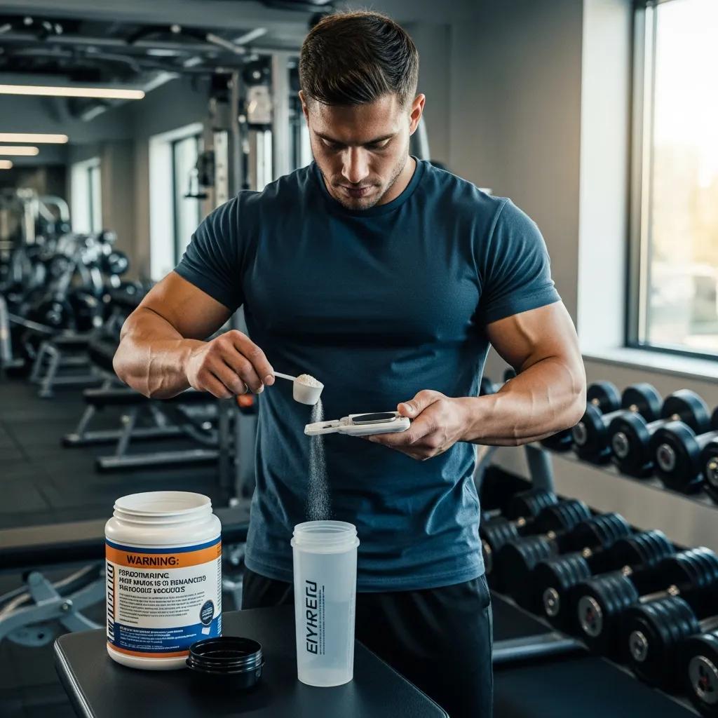 Bodybuilder measuring performance-enhancing supplement powder into a shaker bottle in a gym setting, emphasizing safe usage of anabolic supplements.