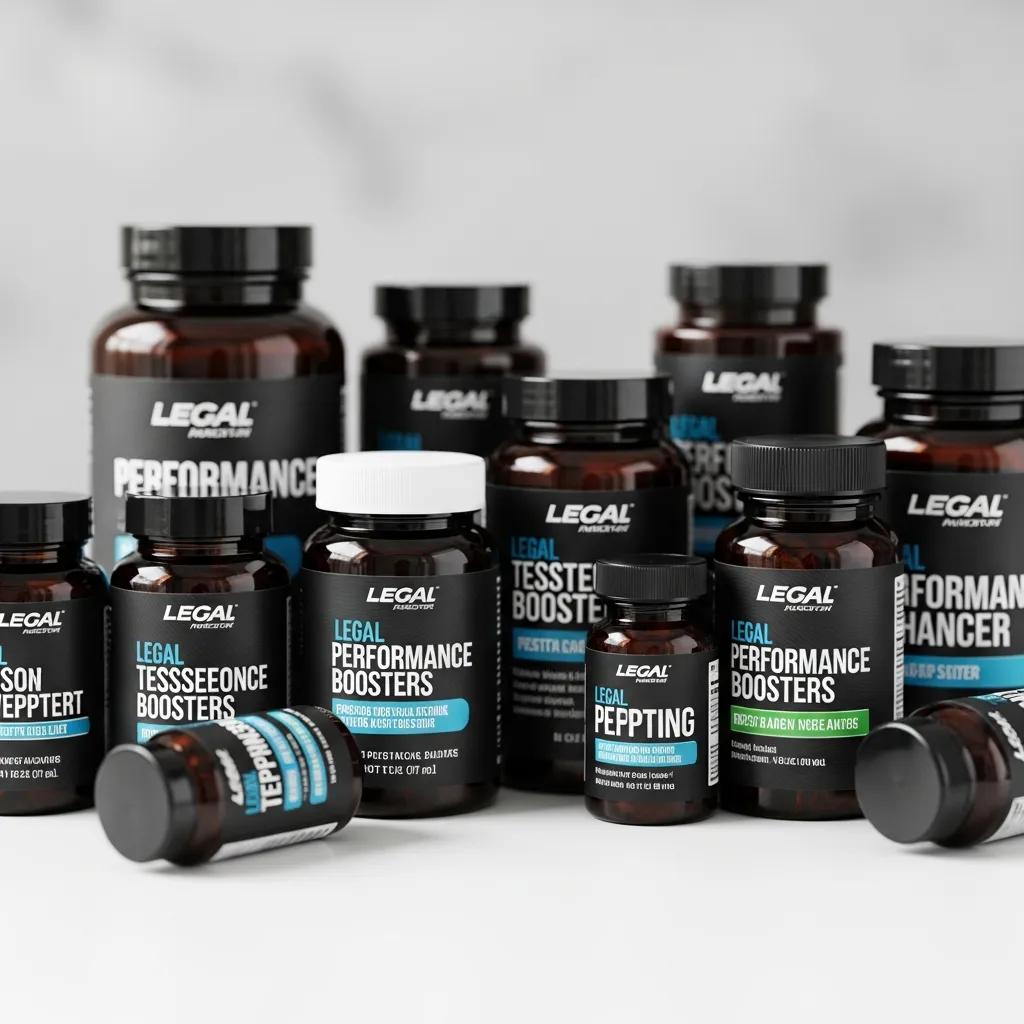 Close-up of various legal performance enhancers including testosterone boosters and peptides, labeled with "Legal Performance Boosters," "Legal Testosterone Boosters," and "Legal Peptting," against a neutral background.
