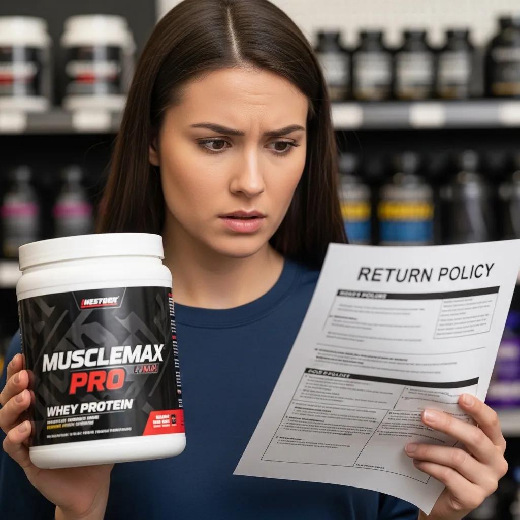 Woman reviewing return policy document while holding MuscleMax Pro whey protein container, with fitness supplements displayed in the background, emphasizing customer concerns about product returns and policies.