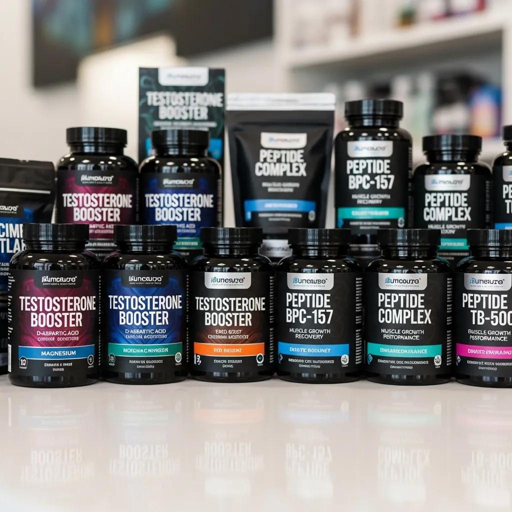 Display of testosterone boosters and peptides available for purchase in Calgary, Canada, featuring various supplement bottles and packaging.