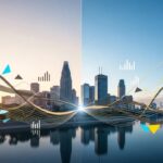 City skyline with modern buildings reflecting in water, overlaid with graphical elements representing data trends and performance metrics, relevant to discussions on Testosterone Enanthate and fitness performance.