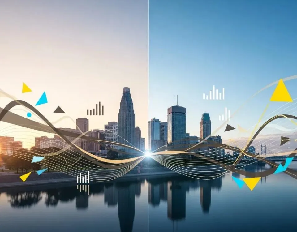 City skyline with geometric shapes and data graphics, illustrating the theme of performance enhancement and analytics in sports.