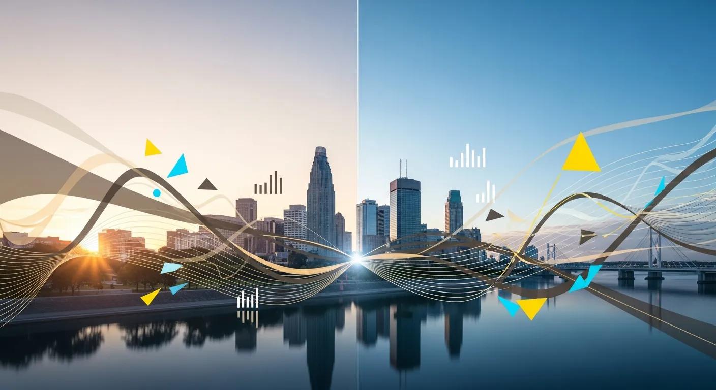 City skyline at sunset with abstract geometric shapes and graphs, symbolizing performance enhancement and growth, relevant to AlphaStacks' offerings in Winnipeg, Canada.
