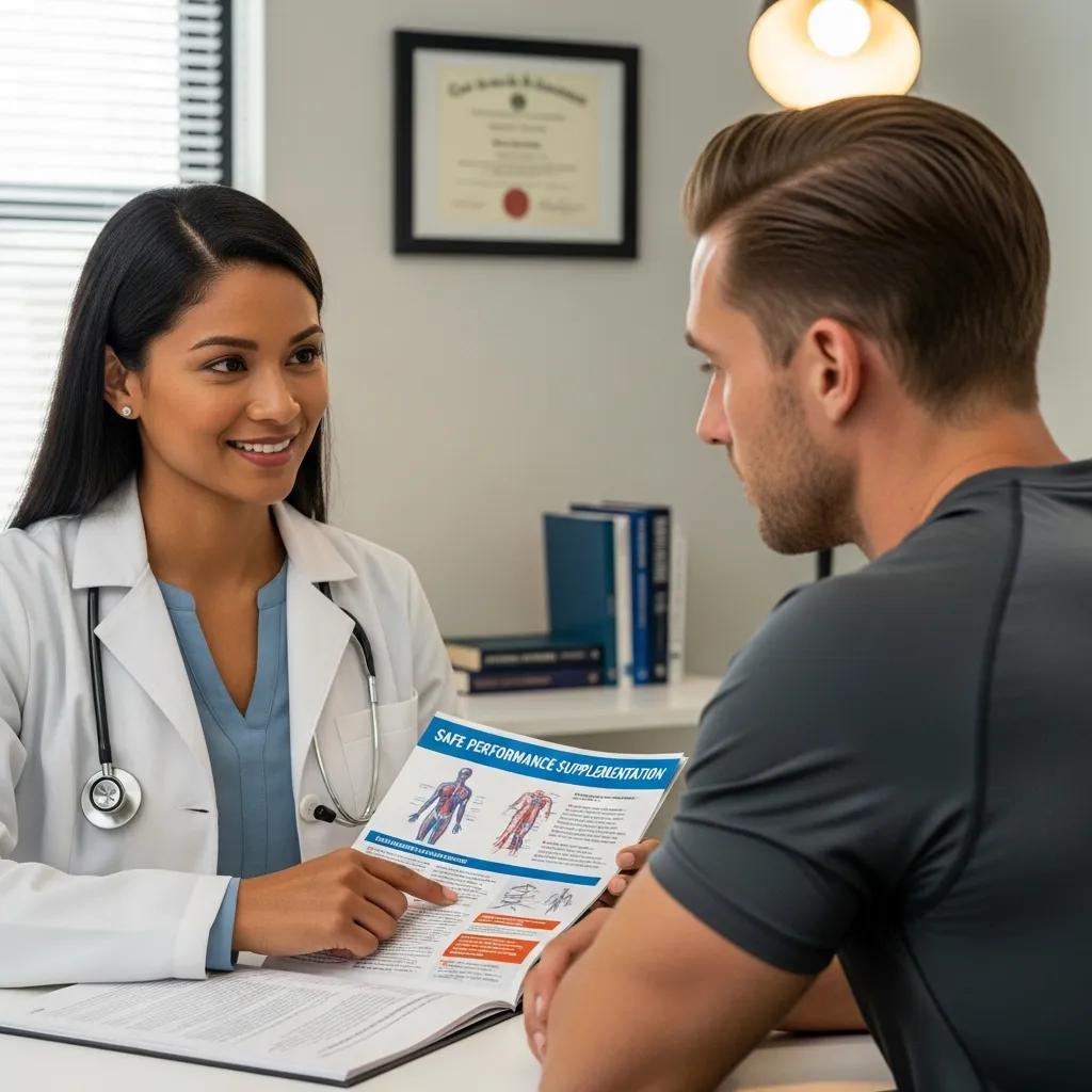 Healthcare professional advising a fitness enthusiast on safe performance supplementation, discussing dosing and risks, with educational materials visible in a clinical setting.