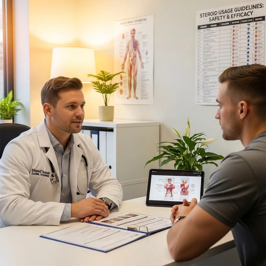 Healthcare professional consulting with a client about safe steroid use, with educational materials on steroid guidelines and anatomy displayed in a modern office setting.