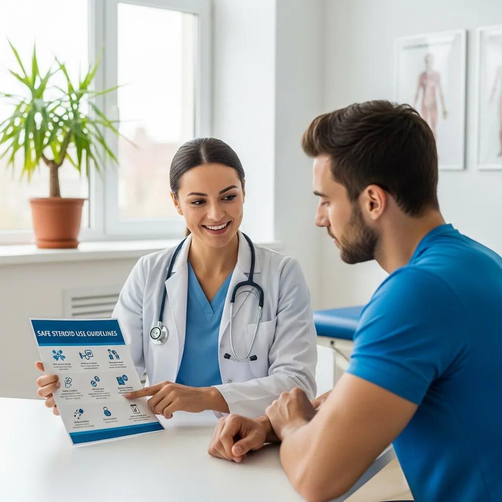 Healthcare professional discussing safe steroid use guidelines with a fitness enthusiast in a modern clinic setting.