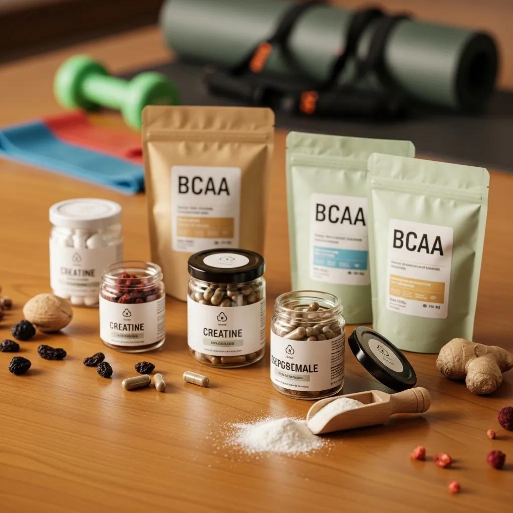 Natural supplements for muscle gain, including creatine and BCAAs, displayed on a wooden table with fitness equipment in the background, emphasizing safe alternatives to anabolic steroids.