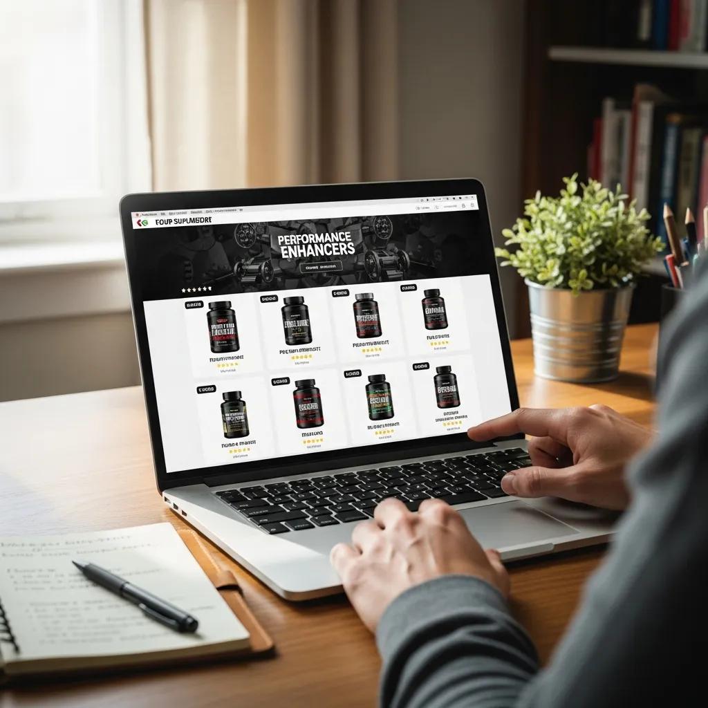 Person browsing an online store for performance enhancers on a laptop in a cozy home office setting, featuring various supplement products displayed on the screen.