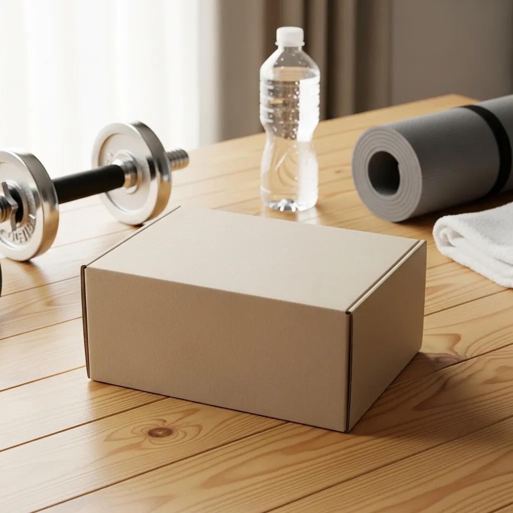 Plain unmarked box of fitness supplements on a wooden table, surrounded by a dumbbell, water bottle, yoga mat, and towel, emphasizing discreet packaging for customer privacy.